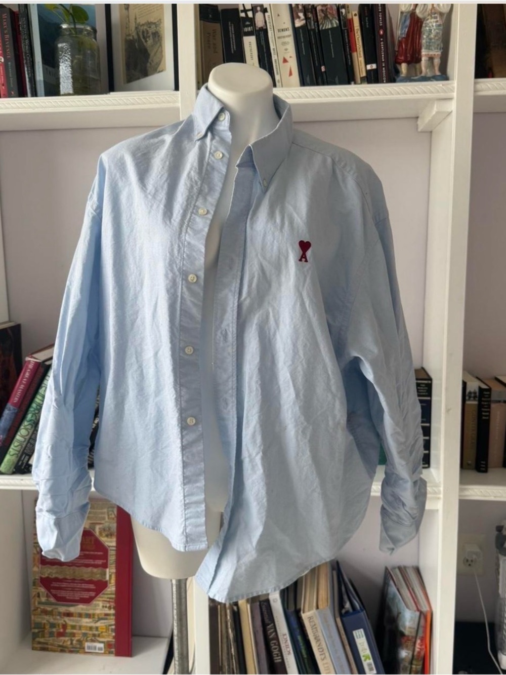 Ami Paris Oversized Light Blue Button-Down Shirt with Red Heart Accent